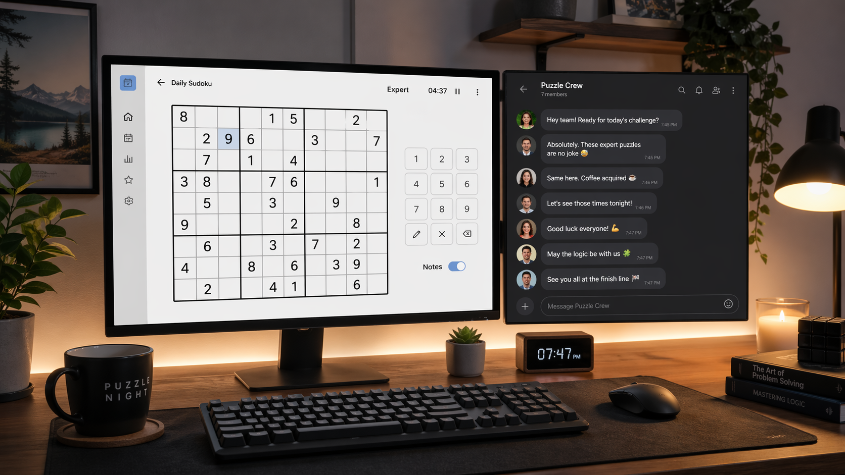 A daily Sudoku puzzle open beside a group chat for a shared online challenge