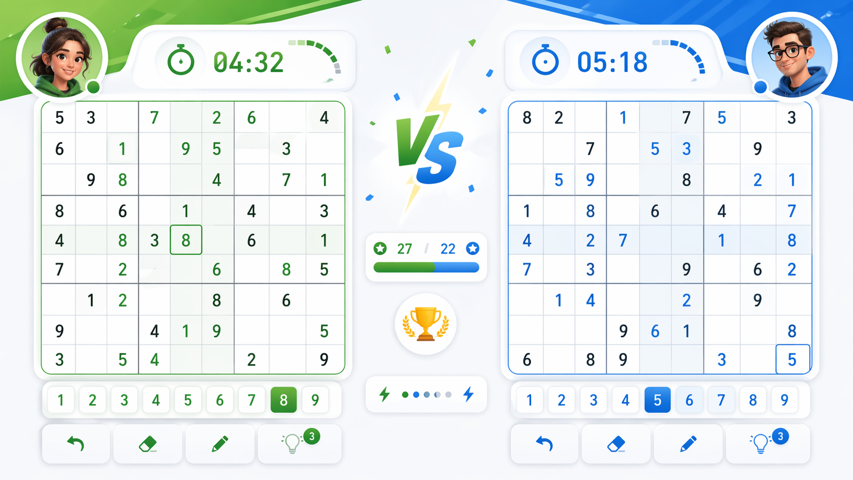 A split-screen two player Sudoku race with timers and progress indicators