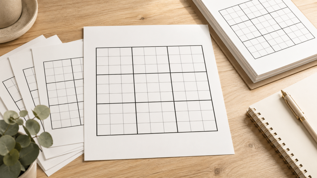 Blank 9 by 9 Sudoku grid templates printed on paper