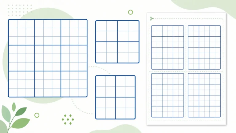 Blank Sudoku grid printable preview showing 9x9, 6x6, 4x4, and four-per-page layouts.